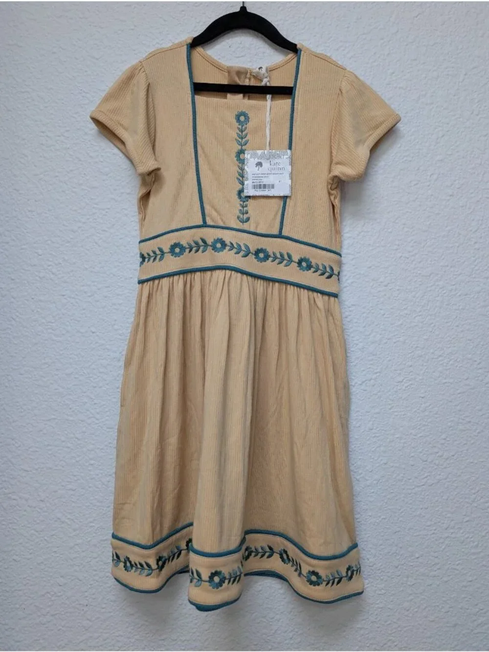 Kate Quinn Square Neck Piped Floral Embroidered Dress 8Y Bamboo Marzipan